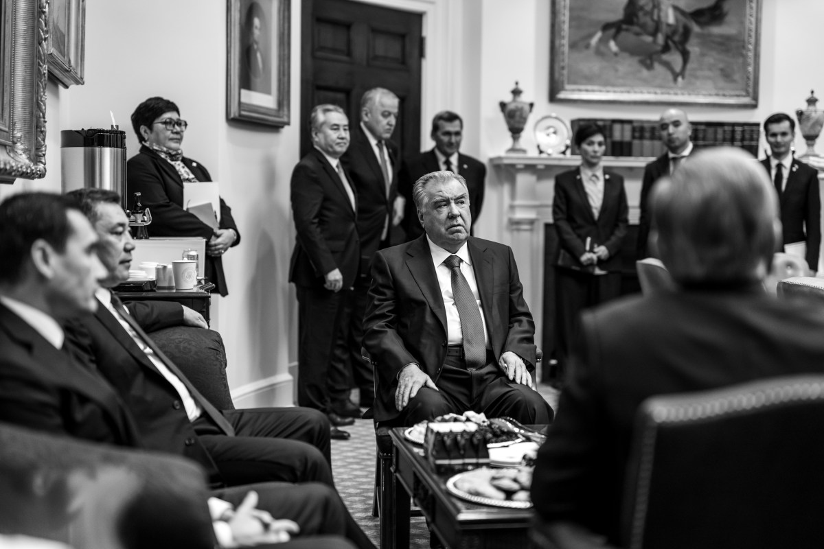 The President of the Republic of Tajikstan Emomali Rahmonand and other C5 Central Asian leaders wait in the Roosevelt Room of the White House before a dinner with President Donald Trump, Thursday, November 6, 2025. (Official White House Photo by Molly Riley)