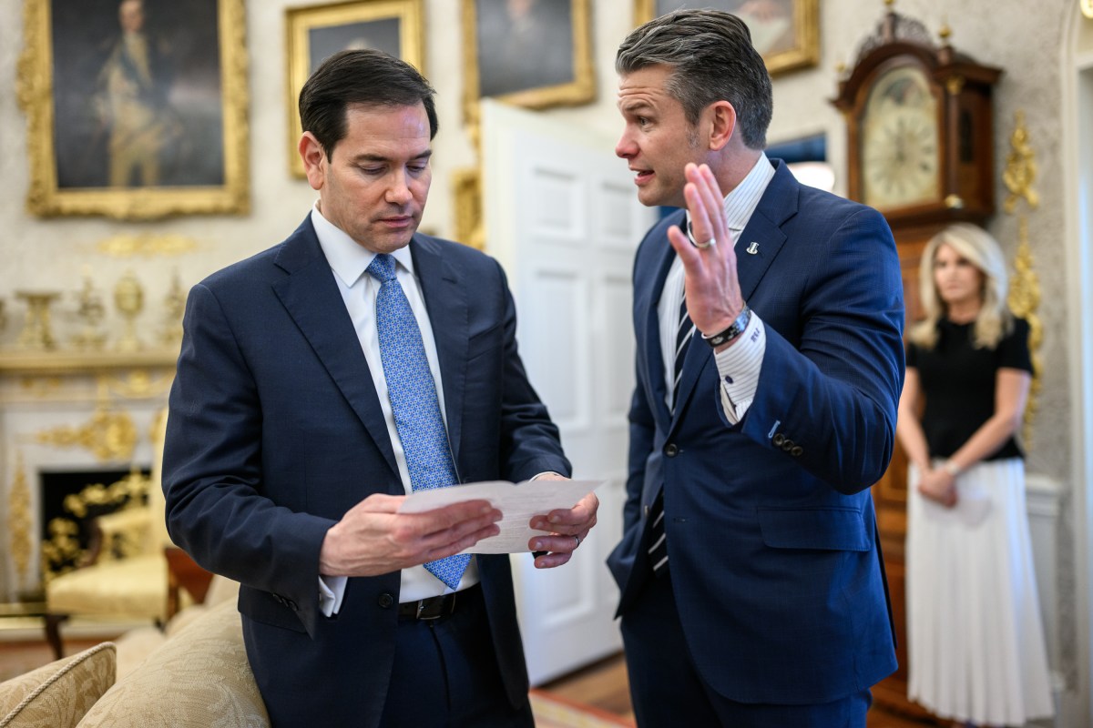Secretary of State Marco Rubio and Secretary of War talk in the Oval Office as they await the arrival of Prime Minister Viktor Orban of Hungary at the White House, Friday, November 7, 2025. (Official White House Photo by Daniel Torok)