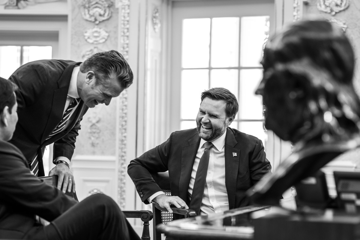 Vice President JD Vance, Secretary of War Pete Hegseth, and Secretary of State Marco Rubio laugh when meeting with President Donald Trump before the arrival of Prime Minister Viktor Orban of Hungary, Friday, November 7, 2025. (Official White House Photo by Daniel Torok)
