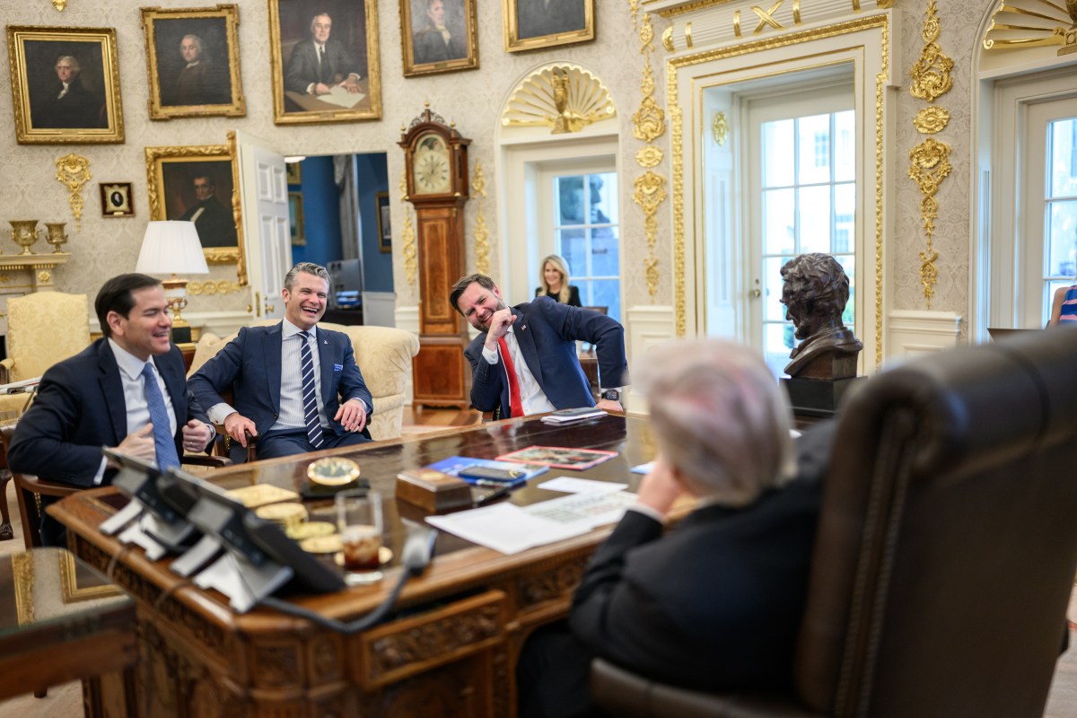 Vice President JD Vance, Secretary of War Pete Hegseth, and Secretary of State Marco Rubio laugh when meeting with President Donald Trump before the arrival of Prime Minister Viktor Orban of Hungary, Friday, November 7, 2025. (Official White House Photo by Daniel Torok)
