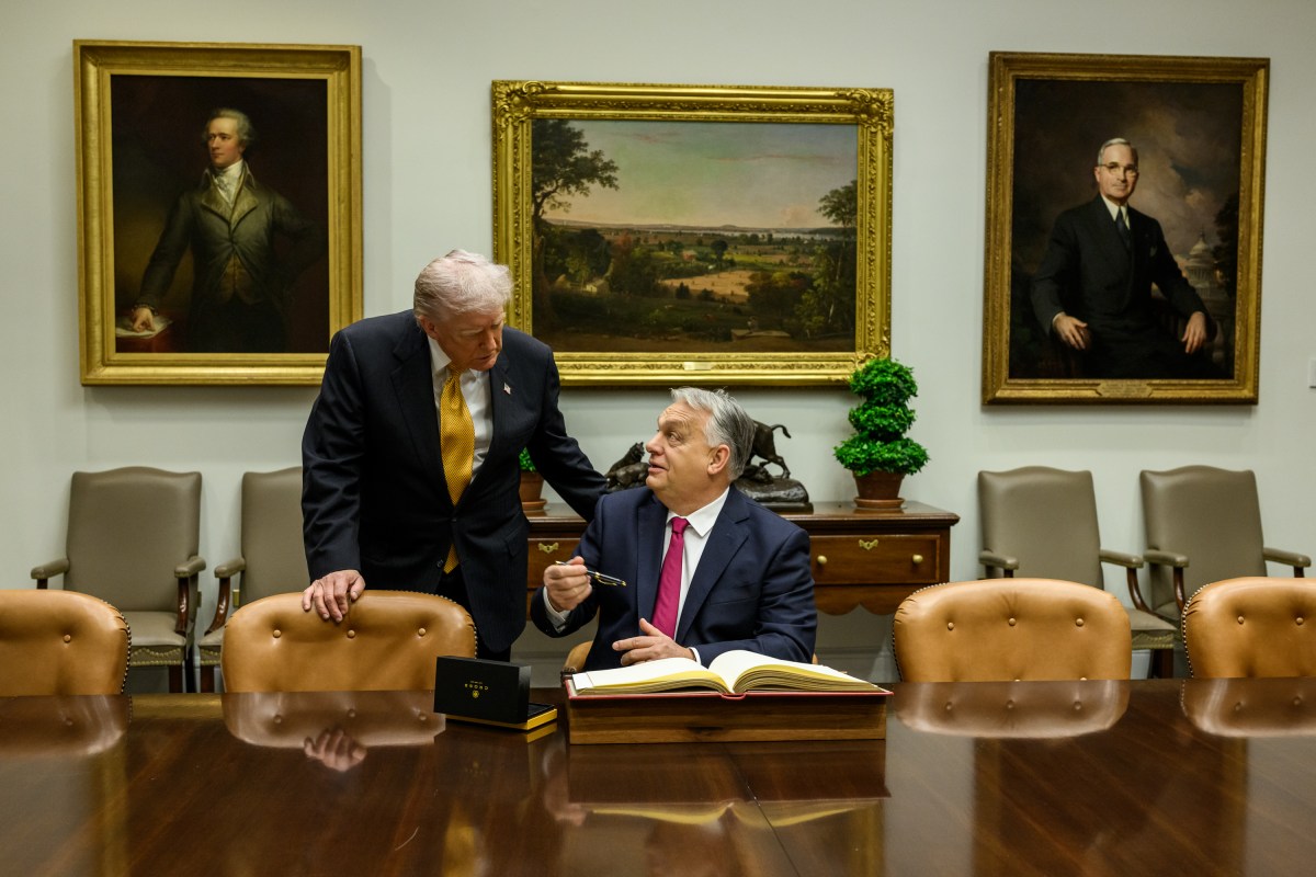 Hungarian Prime Minister Viktor Orban speaks with President Donald Trump before signing the guest book in the Roosevelt Room of the White House, Friday, November 7, 2025. (Official White House Photo by Daniel Torok)
