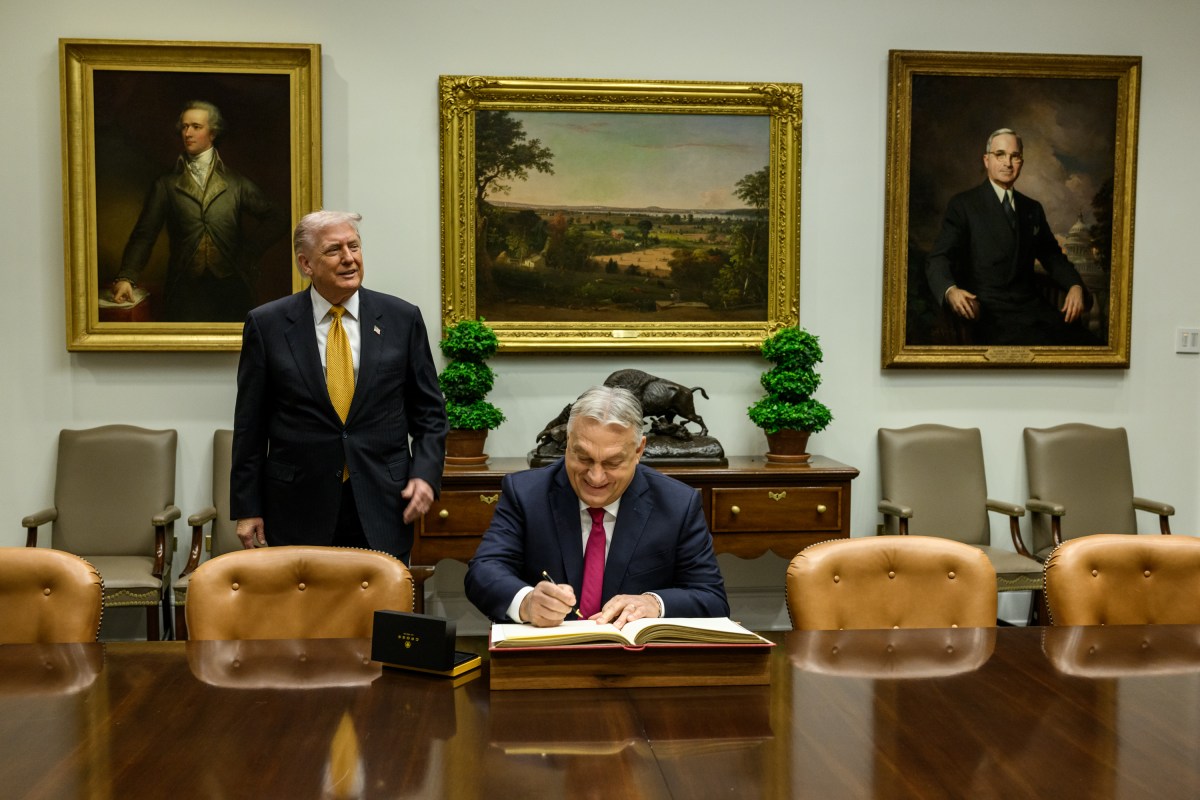 Hungarian Prime Minister Viktor Orban speaks with President Donald Trump before signing the guest book in the Roosevelt Room of the White House, Friday, November 7, 2025. (Official White House Photo by Daniel Torok)
