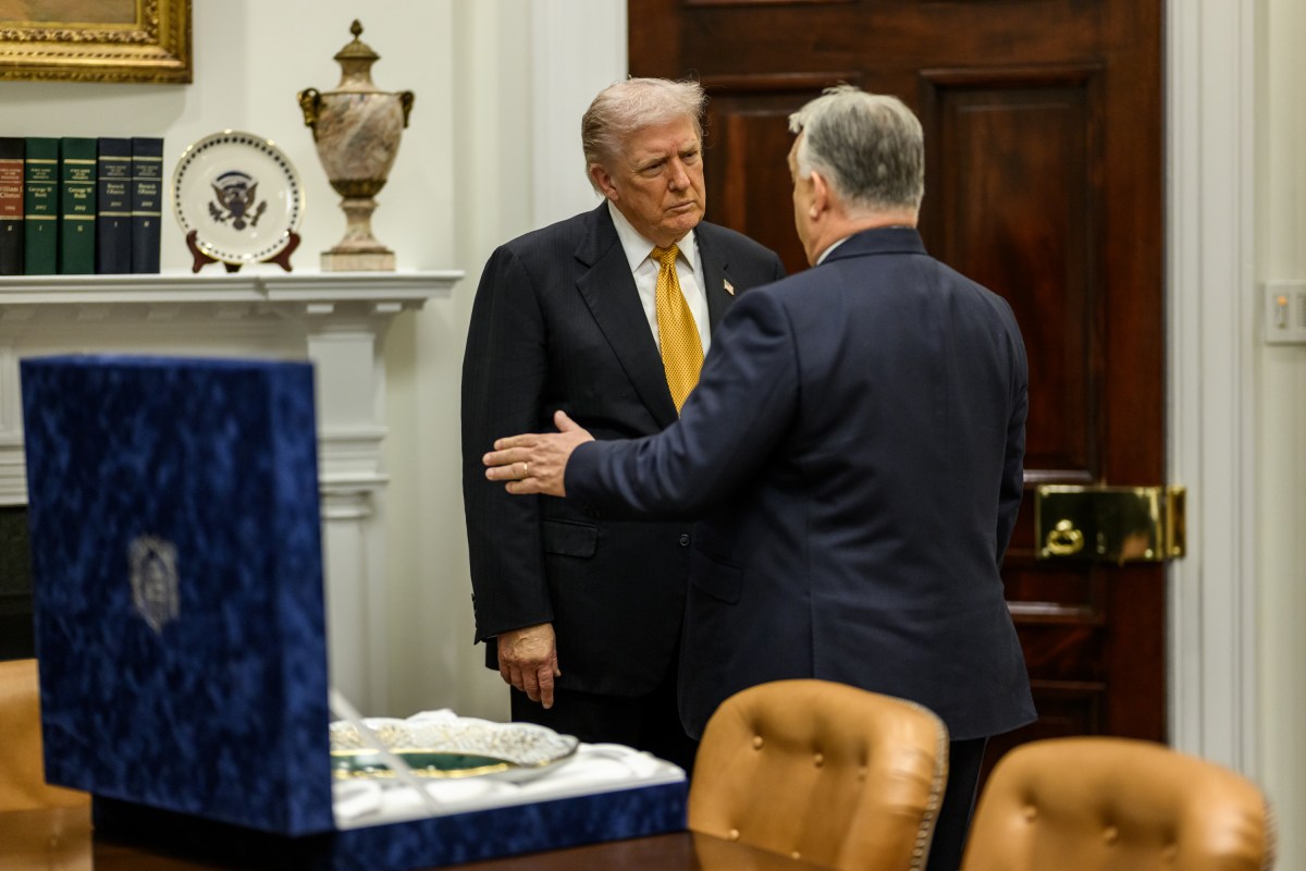 Hungarian Prime Minister Viktor Orban speaks with President Donald Trump before after signing the guest book in the Roosevelt Room of the White House, Friday, November 7, 2025. (Official White House Photo by Daniel Torok)