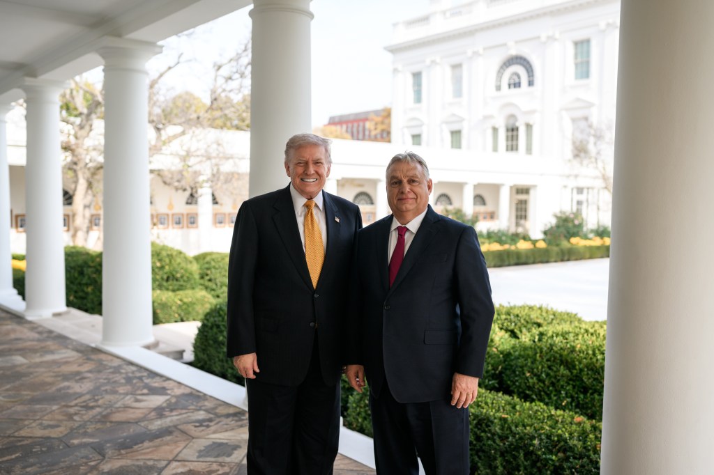 President Donald Trump poses for a photo with Hungarian Prime Minister Viktor Orban outside of the Oval Office before a bilateral meeting, Friday, November 7, 2025. (Official White House Photo by Daniel Torok)