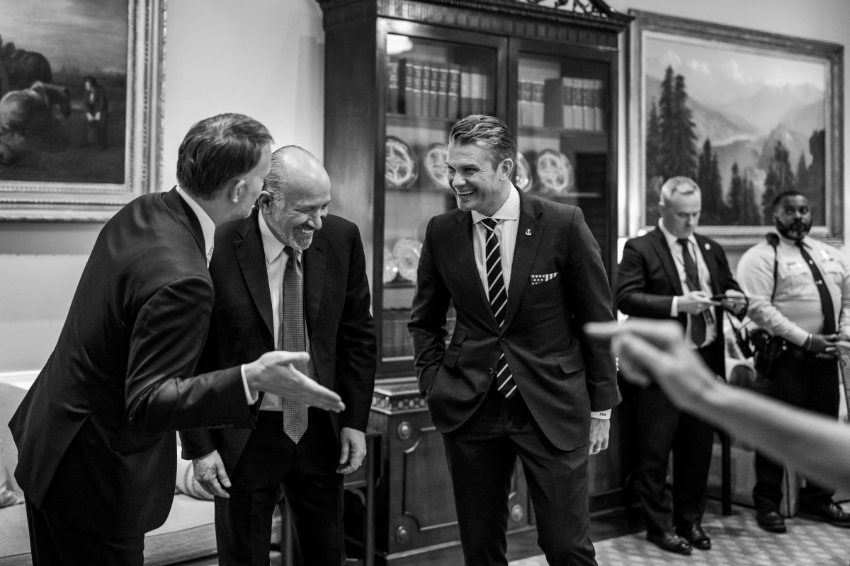 Trade Representative Jamieson Greer, Secretary of Commerce Howard Lutnick, and Secretary of War Pete Hegseth speak before the arrival of Hungarian Prime Minister Viktor Orban in the West Wing Lobby of the White House, Friday, November 7, 2025. (Official White House Photo by Mollly Riley)