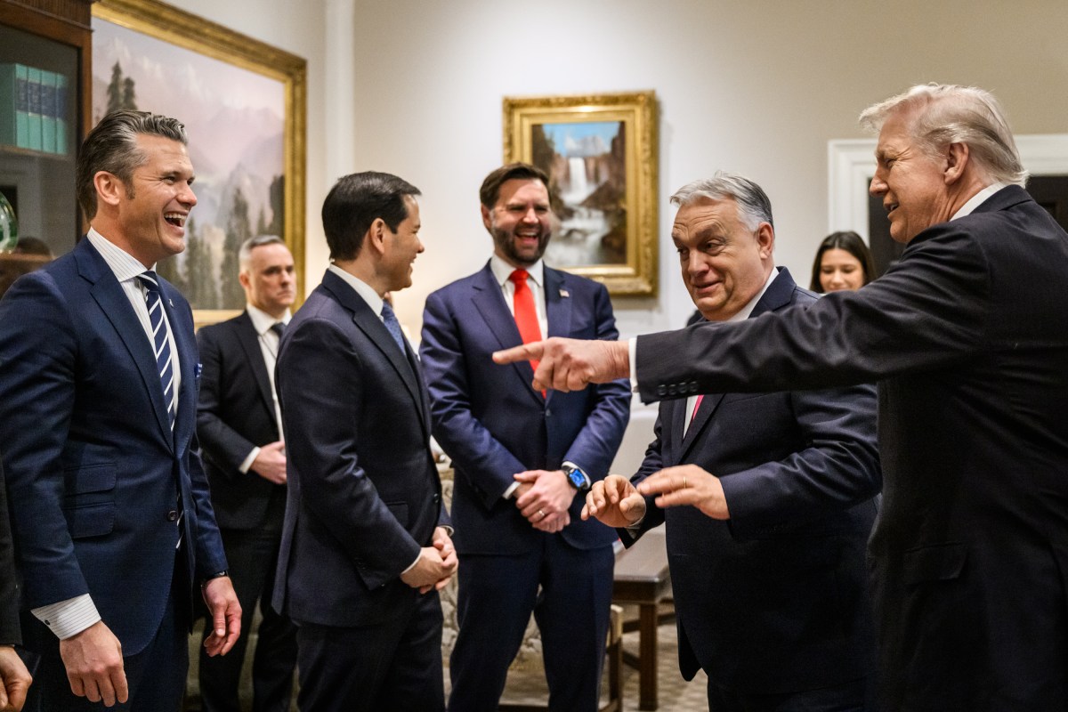 Hungarian Prime Minister Viktor Orban greets Vice President JD Vance and members of the U.S. delegation in the West Wing Lobby of the White House, Friday, November 7, 2025, before a meeting with President Donald Trump. (Official White House Photo by Mollly Riley)