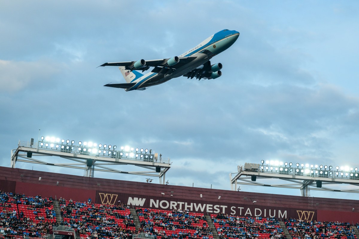 Air Force One, with President Donald Trump aboard, performs a flyover of Northwest Stadium in Landover, Maryland, Sunday, November 9, 2025. (Official White House Photo by Daniel Torok)