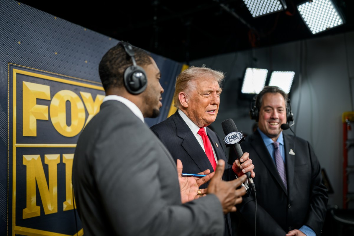 President Donald Trump calls the game alongside Kenny Albert and Jonathan Vilma in the Fox NFL broadcast booth as the Washington Commanders take on the Detroit Lions at Northwest Stadium in Landover, Maryland, Sunday, November 9, 2025. (Official White House Photo by Daniel Torok)