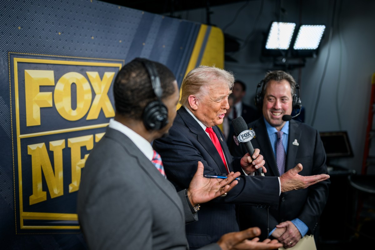 President Donald Trump calls the game alongside Kenny Albert and Jonathan Vilma in the Fox NFL broadcast booth as the Washington Commanders take on the Detroit Lions at Northwest Stadium in Landover, Maryland, Sunday, November 9, 2025. (Official White House Photo by Daniel Torok)