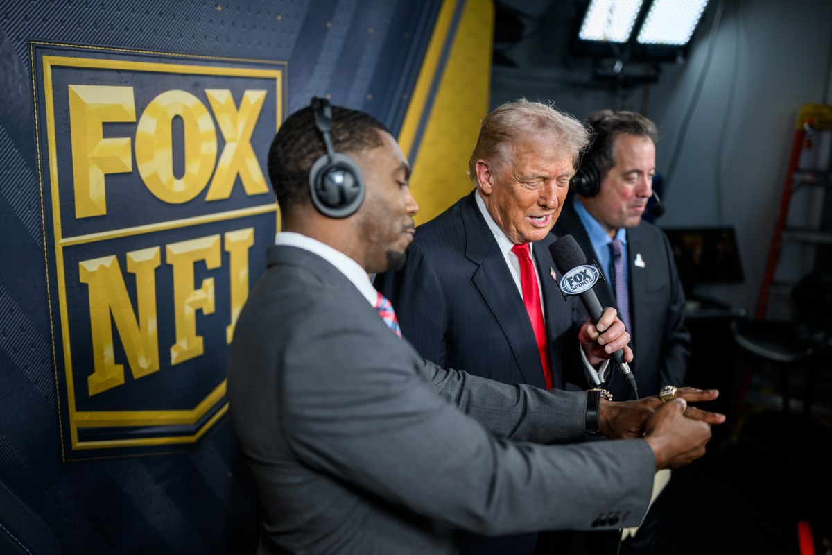 President Donald Trump calls the game alongside Kenny Albert and Jonathan Vilma in the Fox NFL broadcast booth as the Washington Commanders take on the Detroit Lions at Northwest Stadium in Landover, Maryland, Sunday, November 9, 2025. (Official White House Photo by Daniel Torok)
