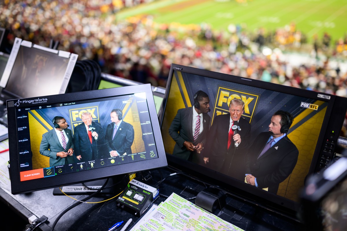 President Donald Trump calls the game alongside Kenny Albert and Jonathan Vilma in the Fox NFL broadcast booth as the Washington Commanders take on the Detroit Lions at Northwest Stadium in Landover, Maryland, Sunday, November 9, 2025. (Official White House Photo by Daniel Torok)