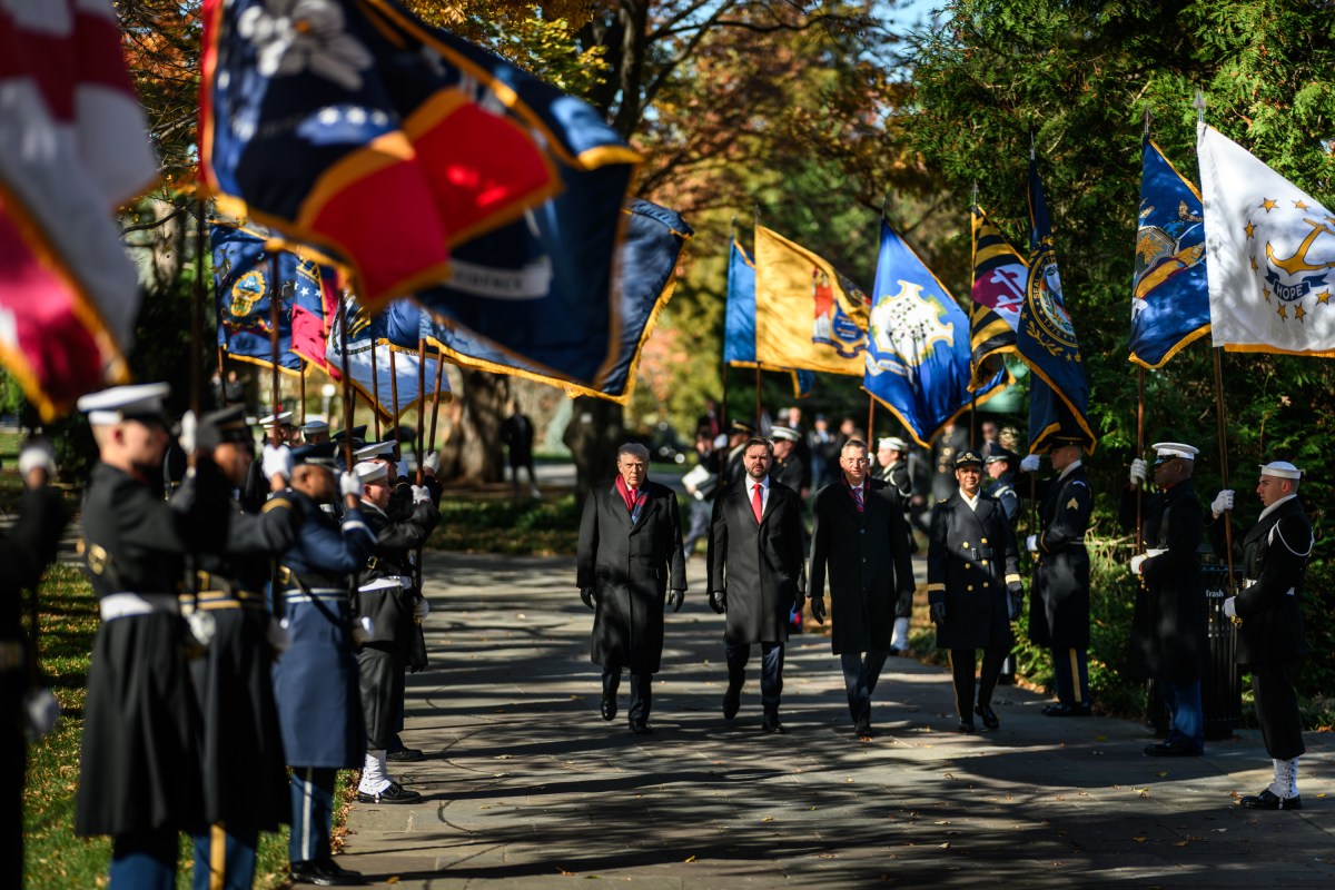 President Donald Trump, Vice President JD Vance, Secretary of Veterans Affairs Doug Collins and Brigadier General Antoinette Gant, Commanding General of the Military District of Washington, arrive for a wreath-laying ceremony at the Tomb of the Unknown Soldier in observance of Veterans Day, Tuesday, November 11, 2025, at Arlington National Cemetery in Arlington, Virginia. (Official White House Photo by Daniel Torok)