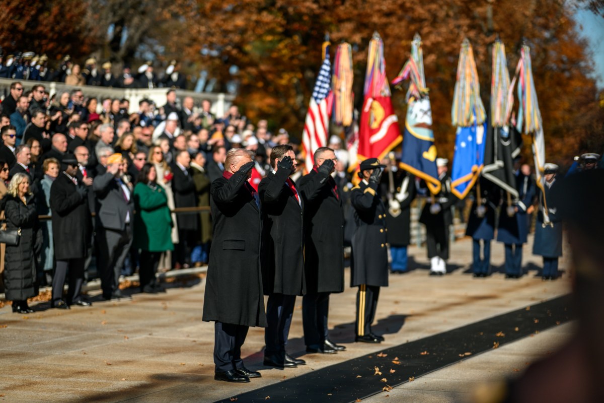 President Donald Trump, Vice President JD Vance, Secretary of Veterans Affairs Doug Collins and Brigadier General Antoinette Gant, Commanding General of the Military District of Washington, participate in a wreath-laying ceremony at the Tomb of the Unknown Soldier in observance of Veterans Day, Tuesday, November 11, 2025, at Arlington National Cemetery in Arlington, Virginia. (Official White House Photo by Daniel Torok)