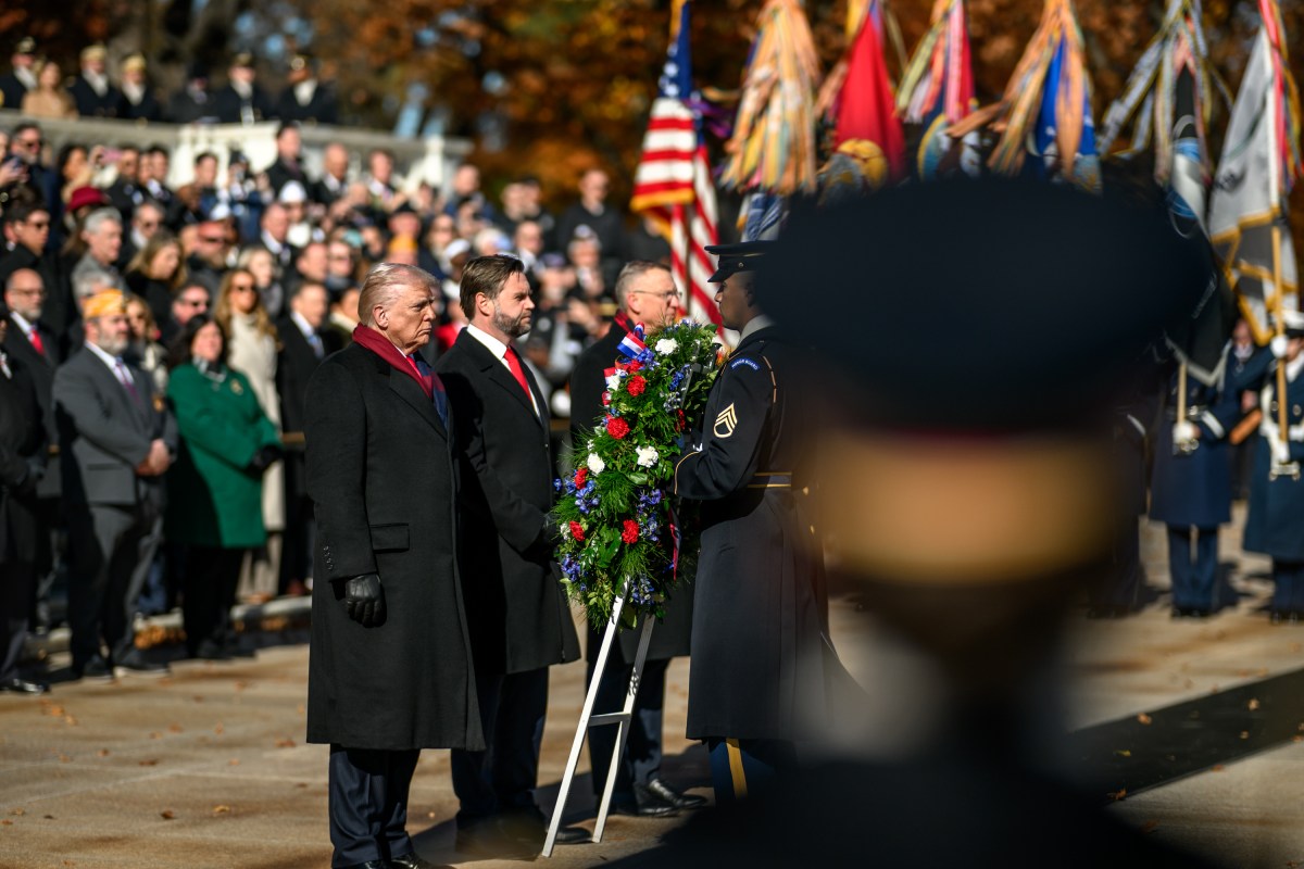 President Donald Trump, Vice President JD Vance, Secretary of Veterans Affairs Doug Collins and Brigadier General Antoinette Gant, Commanding General of the Military District of Washington, participate in a wreath-laying ceremony at the Tomb of the Unknown Soldier in observance of Veterans Day, Tuesday, November 11, 2025, at Arlington National Cemetery in Arlington, Virginia. (Official White House Photo by Daniel Torok)