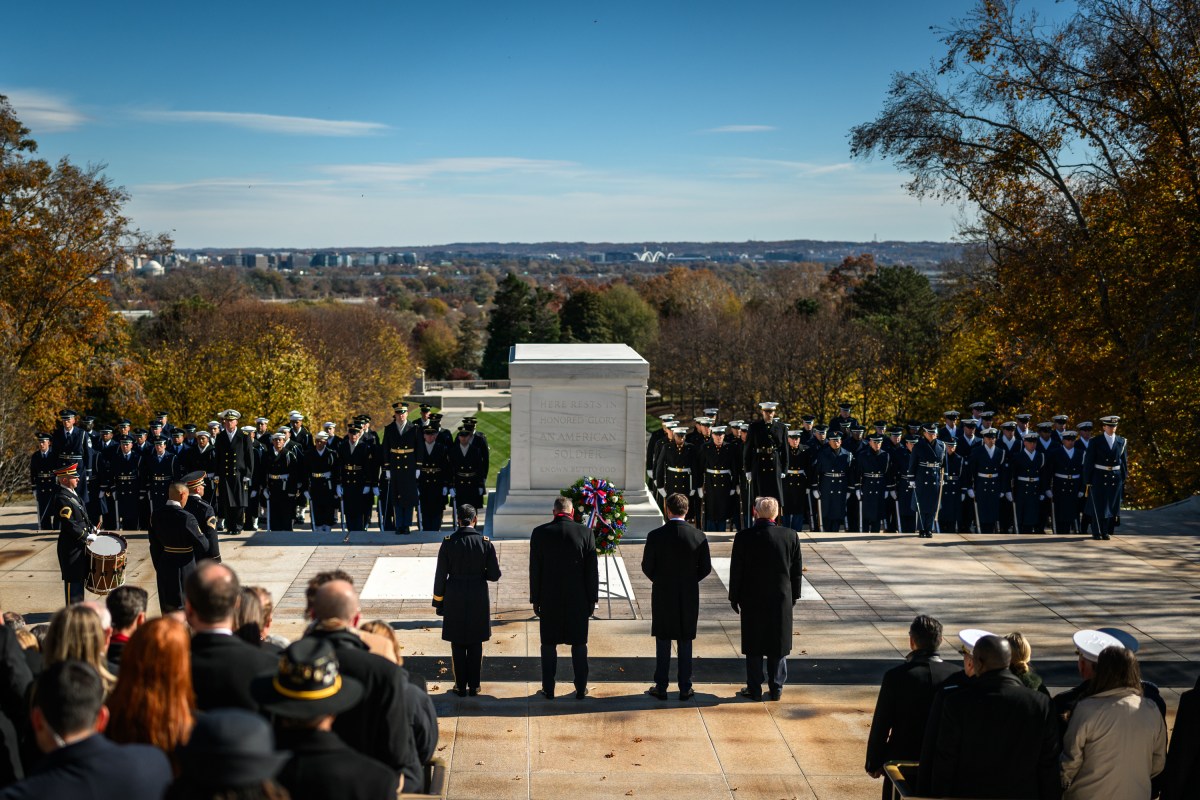 President Donald Trump, Vice President JD Vance, Secretary of Veterans Affairs Doug Collins and Brigadier General Antoinette Gant, Commanding General of the Military District of Washington, participate in a wreath-laying ceremony at the Tomb of the Unknown Soldier in observance of Veterans Day, Tuesday, November 11, 2025, at Arlington National Cemetery in Arlington, Virginia. (Official White House Photo by Daniel Torok)