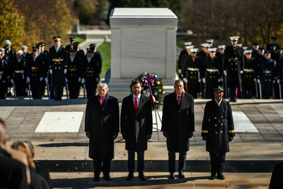 President Donald Trump, Vice President JD Vance, Secretary of Veterans Affairs Doug Collins and Brigadier General Antoinette Gant, Commanding General of the Military District of Washington, participate in a wreath-laying ceremony at the Tomb of the Unknown Soldier in observance of Veterans Day, Tuesday, November 11, 2025, at Arlington National Cemetery in Arlington, Virginia. (Official White House Photo by Daniel Torok)