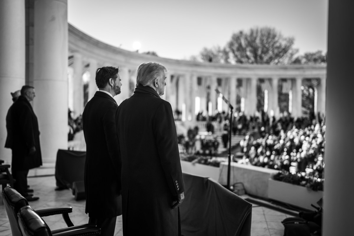 President Donald Trump and Vice President JD Vance participate in a Veterans Day ceremony at the Memorial Amphitheater at Arlington National Cemetery, Tuesday, November 11, 2025, in Arlington, Virginia. (Official White House Photo by Daniel Torok)
