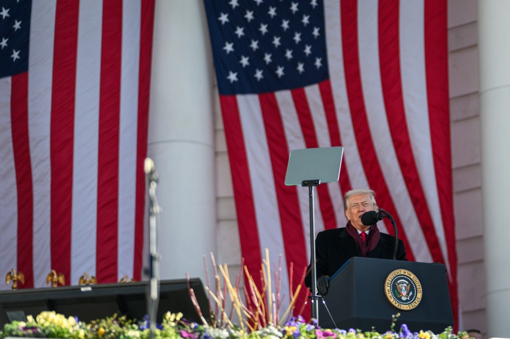President Donald Trump delivers remarks at a Veterans Day ceremony at the Memorial Amphitheater at Arlington National Cemetery, Tuesday, November 11, 2025, in Arlington, Virginia. (Official White House Photo by Daniel Torok)