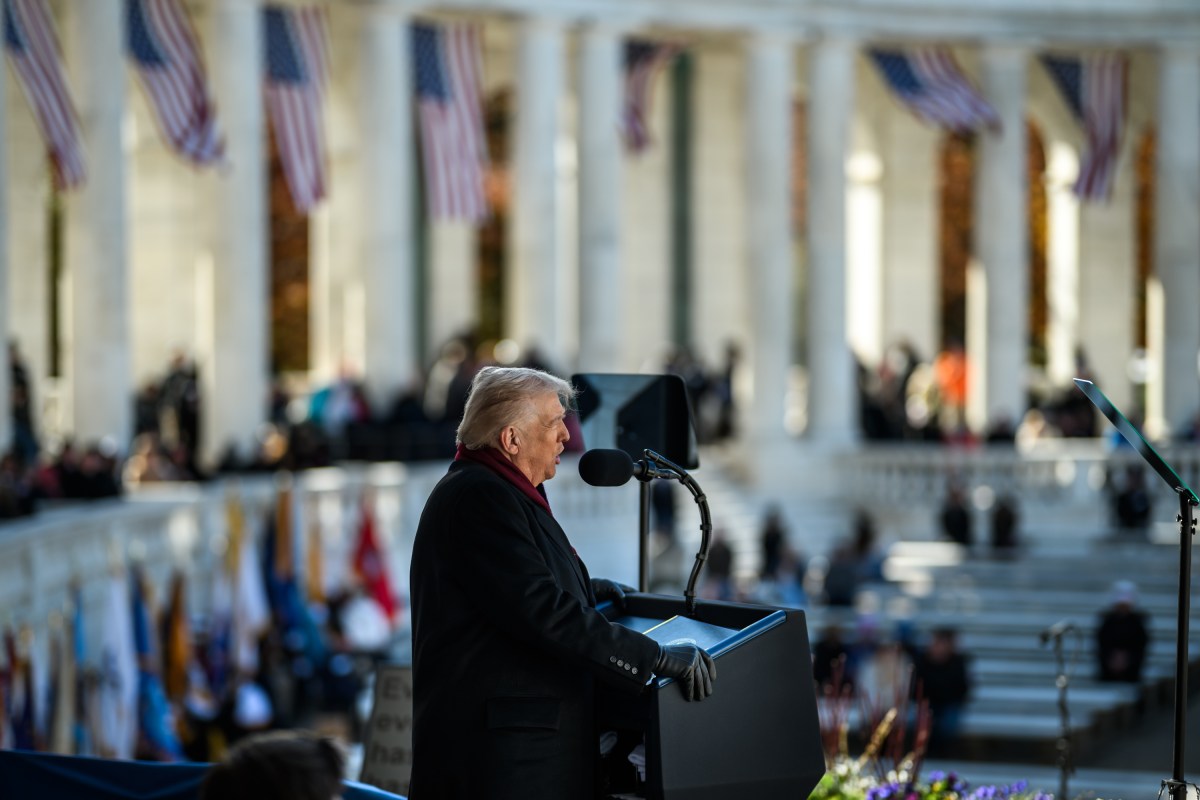 President Donald Trump delivers remarks at a Veterans Day ceremony at the Memorial Amphitheater at Arlington National Cemetery, Tuesday, November 11, 2025, in Arlington, Virginia. (Official White House Photo by Daniel Torok)