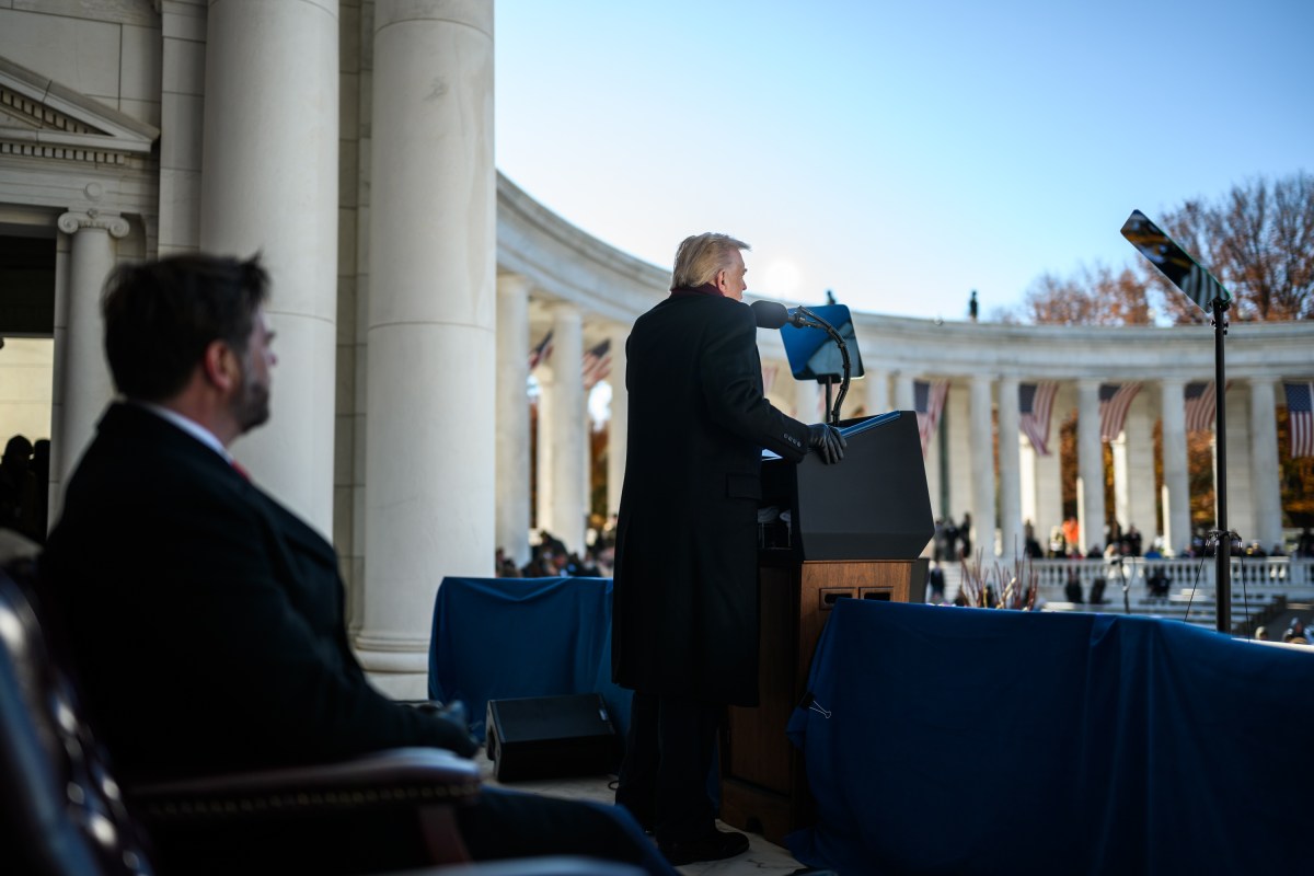 President Donald Trump delivers remarks at a Veterans Day ceremony at the Memorial Amphitheater at Arlington National Cemetery, Tuesday, November 11, 2025, in Arlington, Virginia. (Official White House Photo by Daniel Torok)