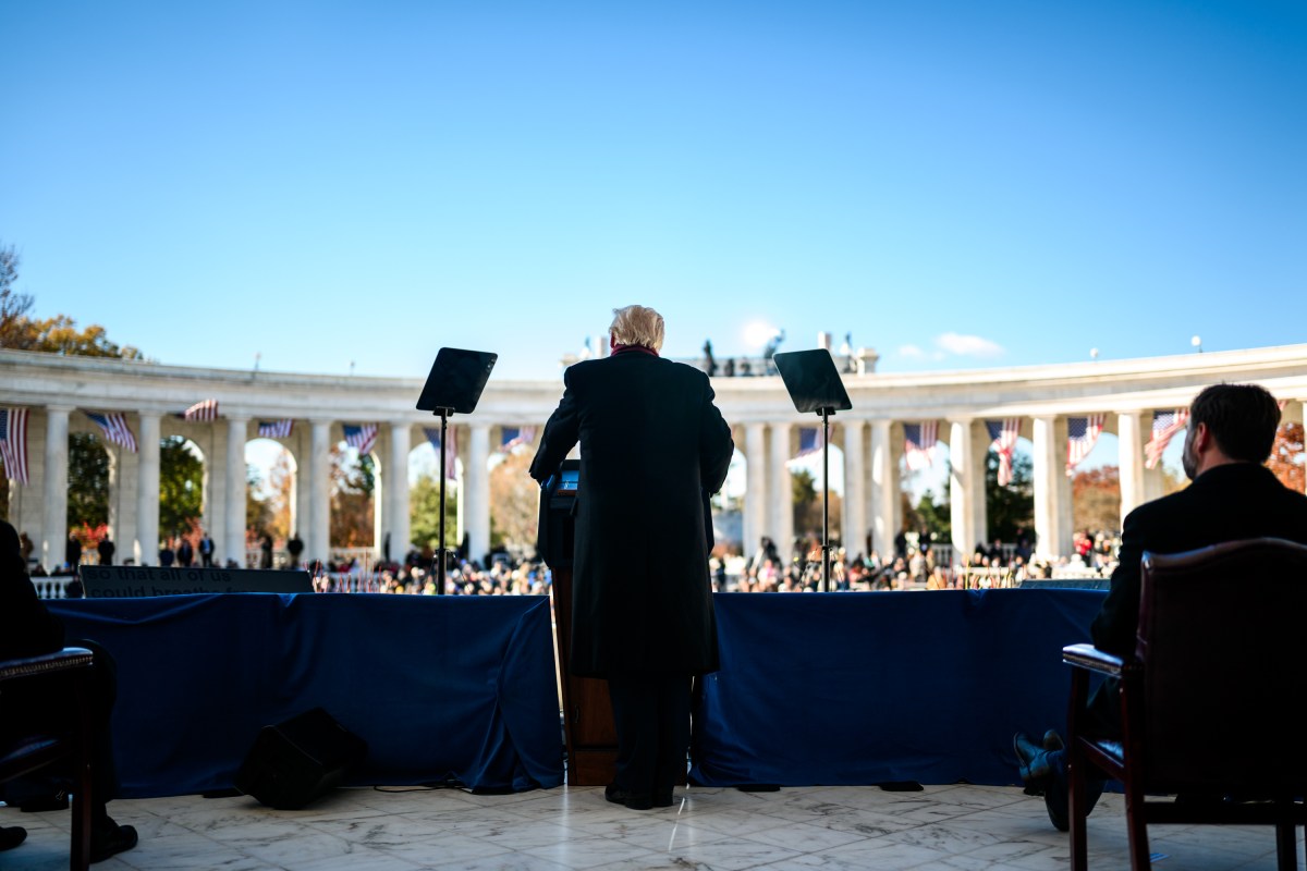 President Donald Trump delivers remarks at a Veterans Day ceremony at the Memorial Amphitheater at Arlington National Cemetery, Tuesday, November 11, 2025, in Arlington, Virginia. (Official White House Photo by Daniel Torok)