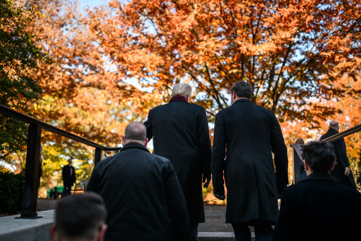 President Donald Trump and Vice President JD Vance depart a Veterans Day ceremony at the Memorial Amphitheater at Arlington National Cemetery, Tuesday, November 11, 2025, in Arlington, Virginia. (Official White House Photo by Daniel Torok)