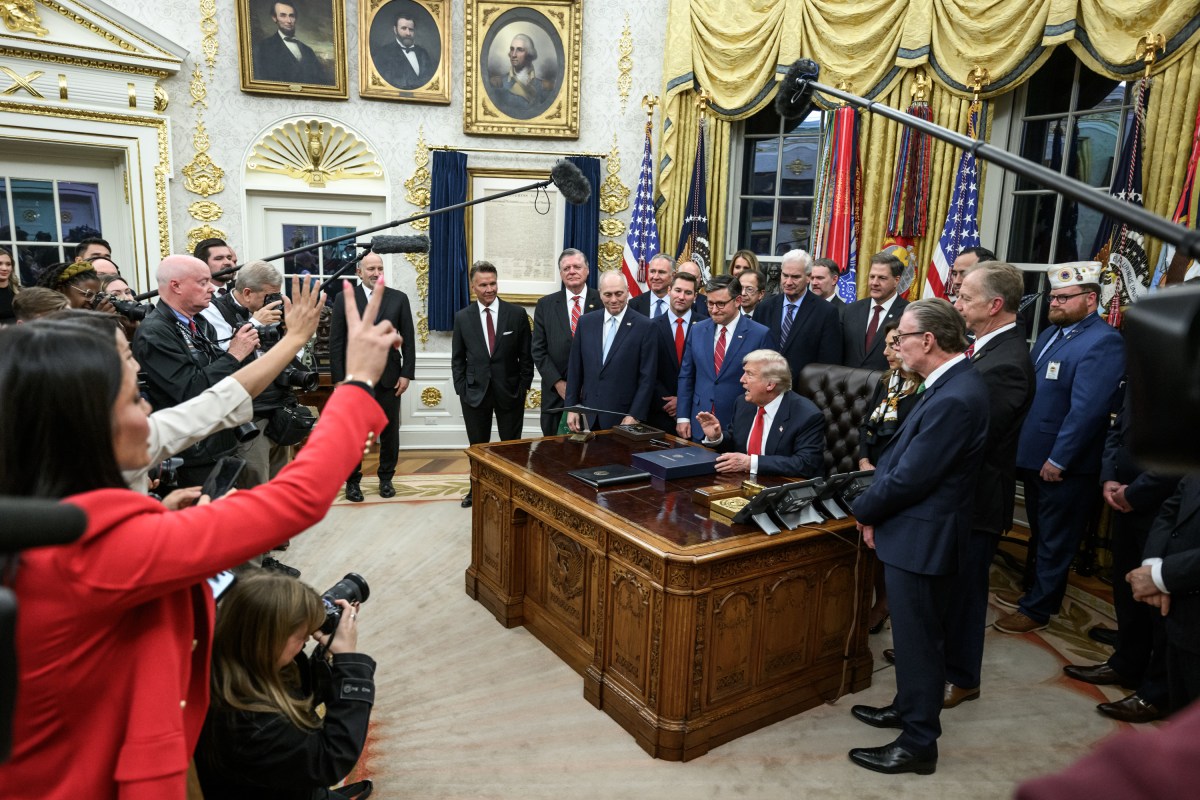 President Donald Trump speaks with members of the media after signing the funding bill that reopened the government, Wednesday, November 12, 2025, in the Oval Office. (Official White House Photo by Joyce N. Boghosian)