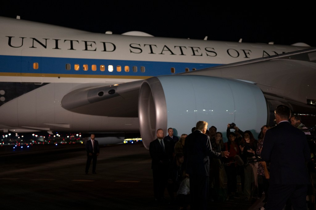 President Donald Trump speaks to the press before boarding Air Force One at Palm Beach International Airport in West Palm Beach, Florida on Sunday, November 16, 2025, en route Joint Base Andrews, Maryland  (Official White House Photo by Molly Riley)