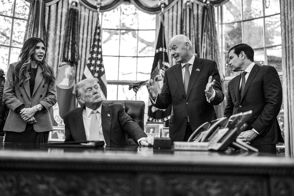President Donald Trump looks on as FIFA President Gianni Infantino addresses members of the media, Monday, November 17, 2025, in the Oval Office. (Official White House Photo by Daniel Torok)