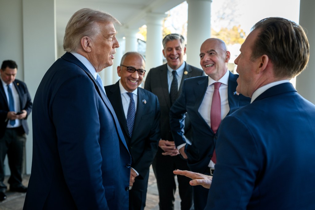 President Donald Trump speaks with Andrew Giuliani, FIFA President Gianni Infantino, FIFA senior adviser Carlos Cordeiro, and Rep. Darin LaHood (R-IL) outside of the Oval Office after meeting with the White House Task Force on the 2026 FIFA World Cup, Monday, November 17, 2025. (Official White House Photo by Daniel Torok)