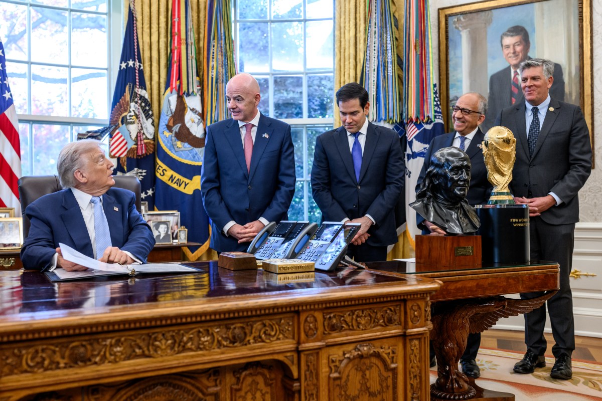President Donald Trump speaks with FIFA President Gianni Infantino before meeting with the White House Task Force on the 2026 FIFA World Cup, Monday, November 17, 2025, in the Oval Office. (Official White House Photo by Joyce N. Boghosian)