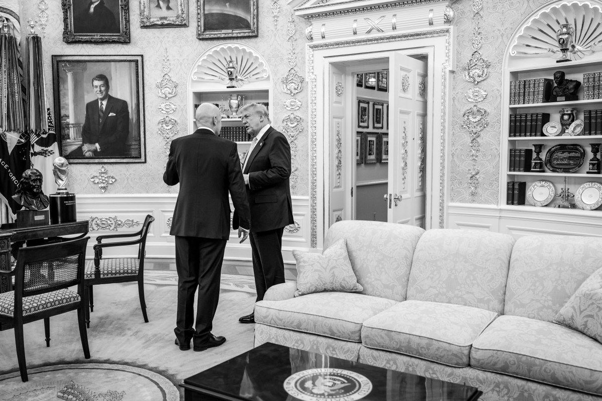 President Donald Trump speaks with FIFA President Gianni Infantino after meeting with the White House Task Force on the 2026 FIFA World Cup, Monday, November 17, 2025, in the Oval Office. (Official White House Photo by Joyce N. Boghosian)