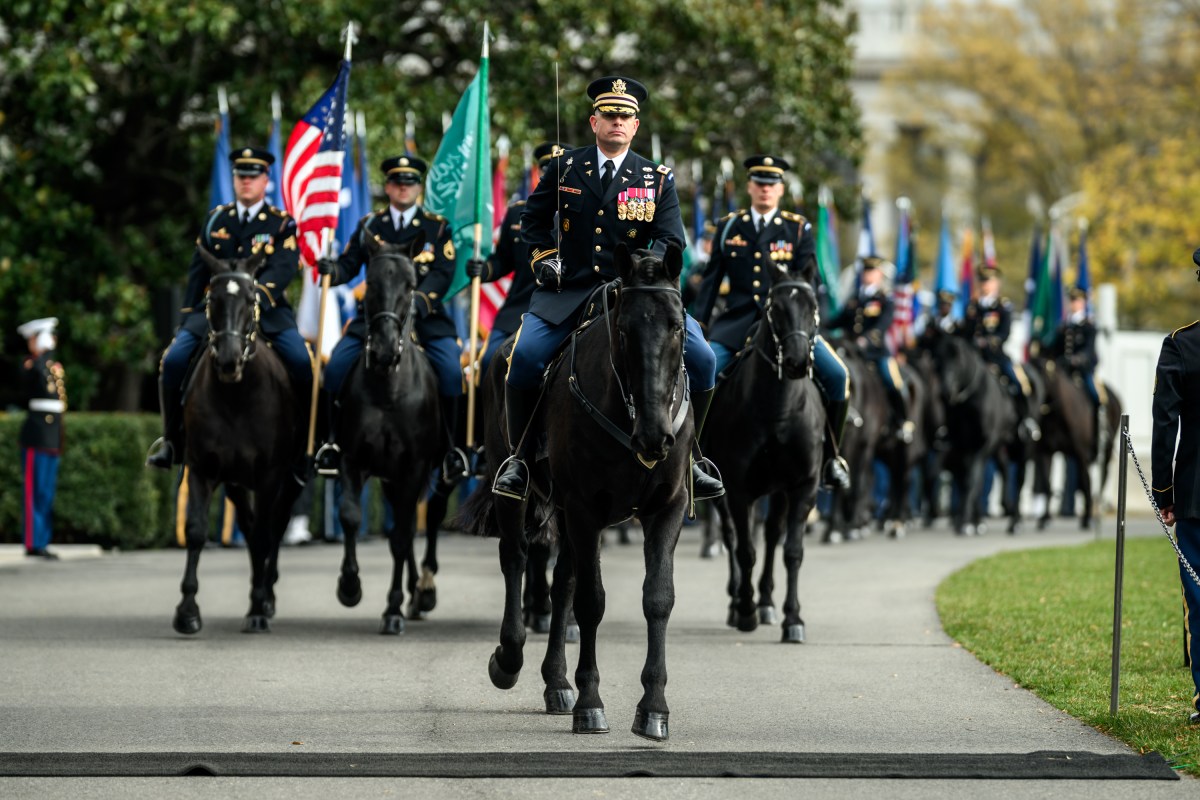 Soldiers on horseback pass President Donald Trump during a welcome ceremony for Crown Prince and Prime Minister Mohammed bin Salman Al Saud of Saudi Arabia at the South Portico of the White House, Tuesday, November 18, 2025. (Official White House Photo by Daniel Torok)