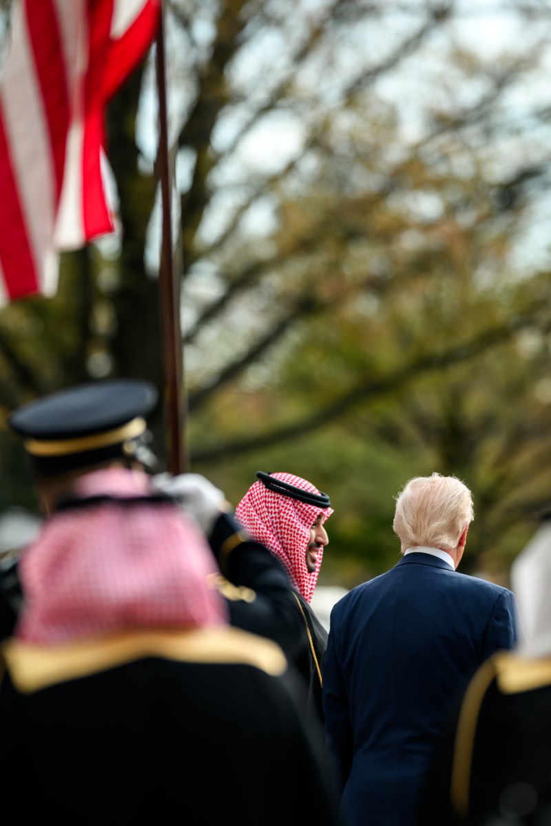 President Donald Trump welcomes Crown Prince and Prime Minister Mohammed bin Salman Al Saud of Saudi Arabia at the South Portico of the White House, Tuesday, November 18, 2025. (Official White House Photo by Daniel Torok)