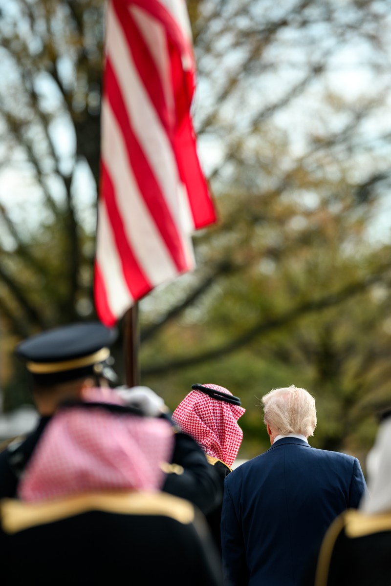 President Donald Trump welcomes Crown Prince and Prime Minister Mohammed bin Salman Al Saud of Saudi Arabia at the South Portico of the White House, Tuesday, November 18, 2025. (Official White House Photo by Daniel Torok)