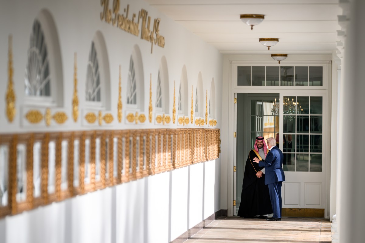 President Donald Trump and Crown Prince and Prime Minister Mohammed bin Salman Al Saud of Saudi Arabia speak on the West Colonnade of the White House, Tuesday, November 18, 2025. (Official White House Photo by Daniel Torok)