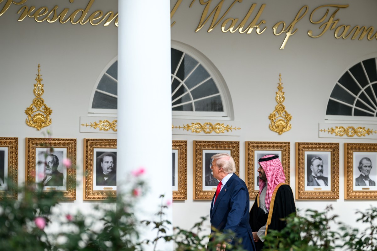 President Donald Trump and Crown Prince and Prime Minister Mohammed bin Salman Al Saud of Saudi Arabia walk along the West Colonnade of the White House to the Oval Office, Tuesday, November 18, 2025. (Official White House Photo by Daniel Torok)