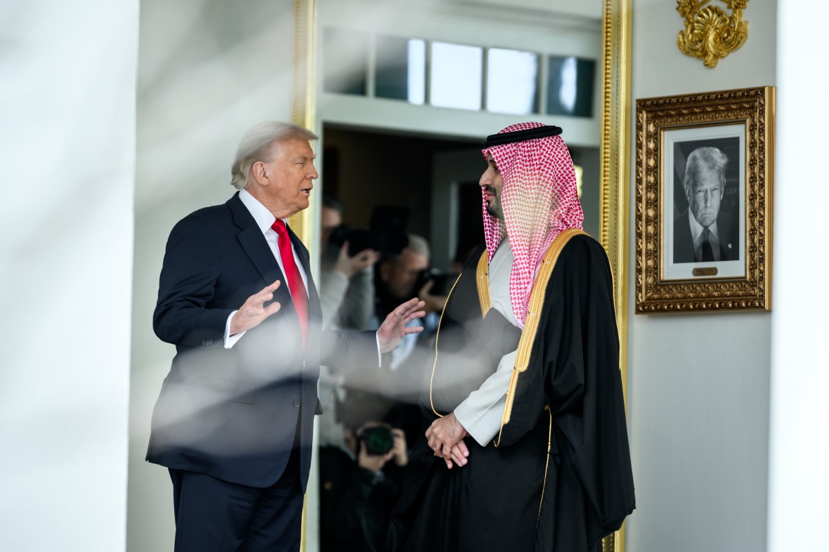 President Donald Trump and Crown Prince and Prime Minister Mohammed bin Salman Al Saud of Saudi Arabia speak on the West Colonnade of the White House, Tuesday, November 18, 2025. (Official White House Photo by Daniel Torok)