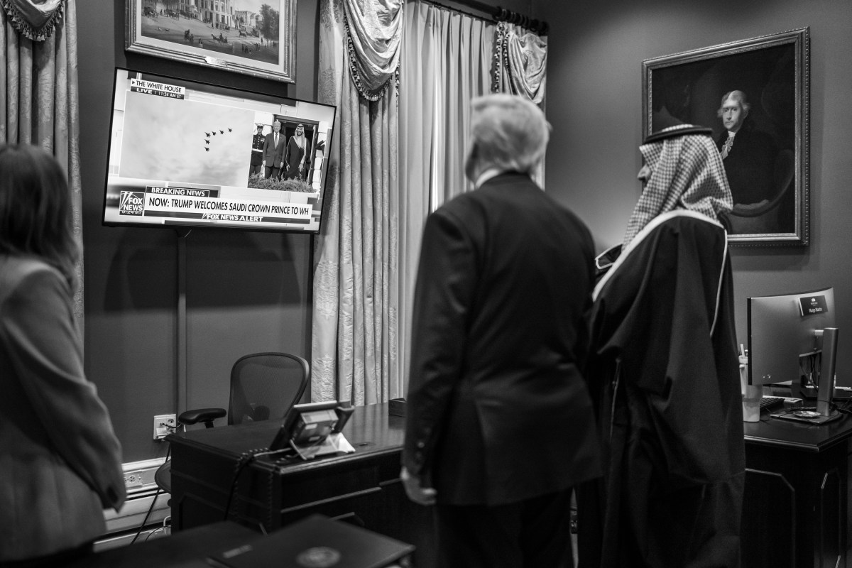 President Donald Trump and Crown Prince and Prime Minister Mohammed bin Salman Al Saud of Saudi Arabia watch the news of his visit in the Outer Oval Office of the White House, Tuesday, November 18, 2025.(Official White House Photo by Daniel Torok)