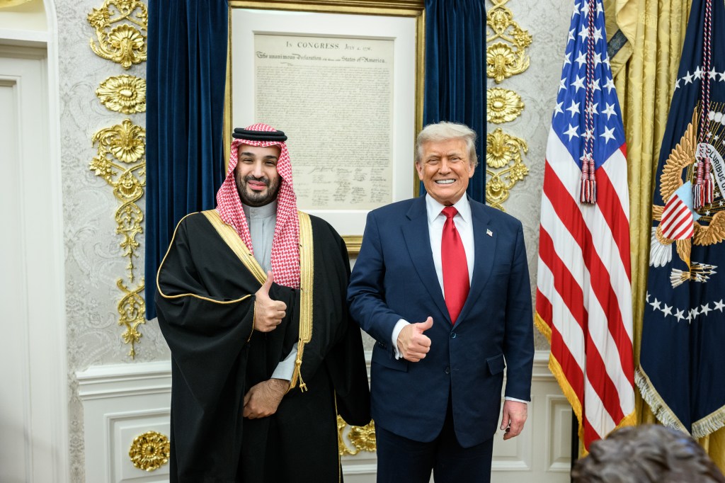 President Donald Trump poses for photos with Crown Prince and Prime Minister Mohammed bin Salman Al Saud of Saudi Arabia, Tuesday, November 18, 2025, in the Oval Office. (Official White House Photo by Daniel Torok)