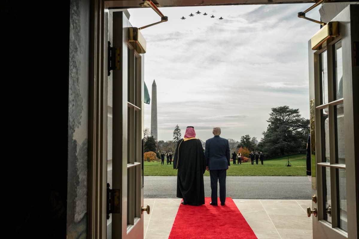 President Donald Trump and Crown Prince and Prime Minister Mohammed bin Salman Al Saud of Saudi Arabia observe a flyover during a welcome ceremony, Tuesday, November 18, 2025, at the South Portico of the White House. (Official White House Photo by Joyce N. Boghosian)