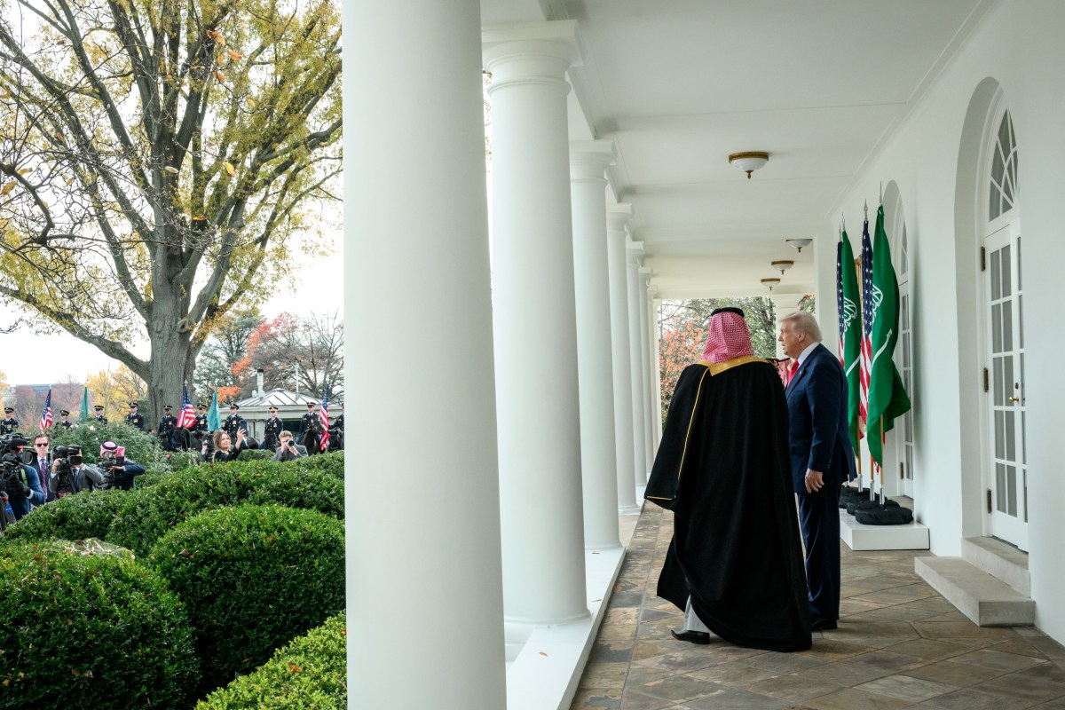 President Donald Trump and Crown Prince and Prime Minister Mohammed bin Salman Al Saud of Saudi Arabia walk along the West Colonnade of the White House to the Oval Office, Tuesday, November 18, 2025. (Official White House Photo by Joyce N. Boghosian)