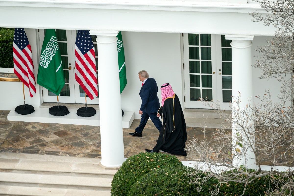 President Donald Trump welcomes Crown Prince and Prime Minister Mohammed bin Salman Al Saud of Saudi Arabia at the South Portico of the White House, Tuesday, November 18, 2025. (Official White House Photo by Molly Riley)
