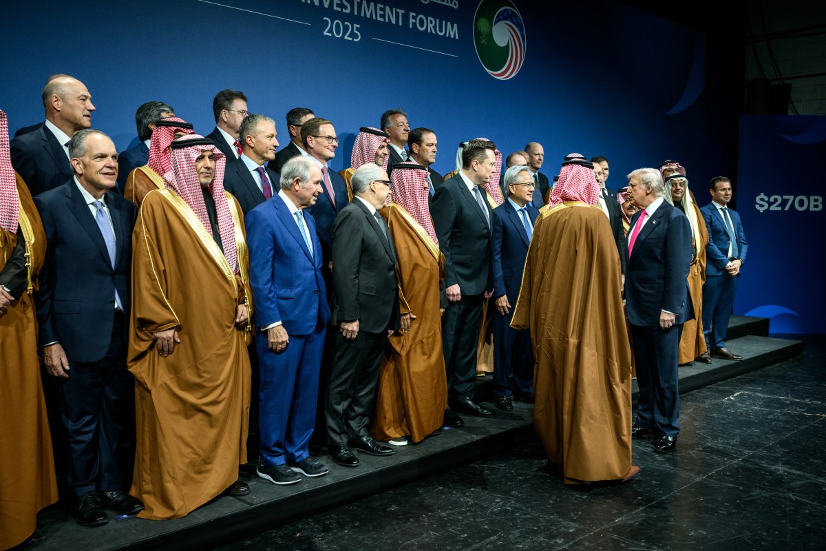President Donald Trump and Crown Prince and Prime Minister Mohammed bin Salman Al Saud of Saudi Arabia speak with Elon Musk, Nvidia CEO Jensen Huang and other business leaders at the U.S.-Saudi Investment Forum, Wednesday, November 19, 2025, at the John F. Kennedy Center for the Performing Arts in Washington, D.C. (Official White House Photo by Daniel Torok)
