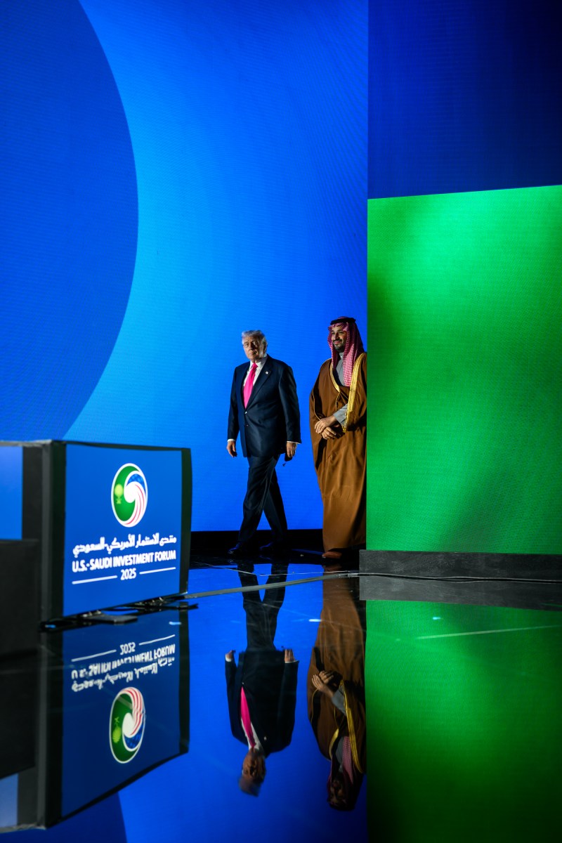 President Donald Trump walks towards the stage with Crown Prince and Prime Minister Mohammed bin Salman Al Saud of Saudi Arabia to deliver remarks at the U.S.-Saudi Investment Forum, Wednesday, November 19, 2025, at the John F. Kennedy Center for the Performing Arts in Washington, D.C. (Official White House Photo by Daniel Torok)