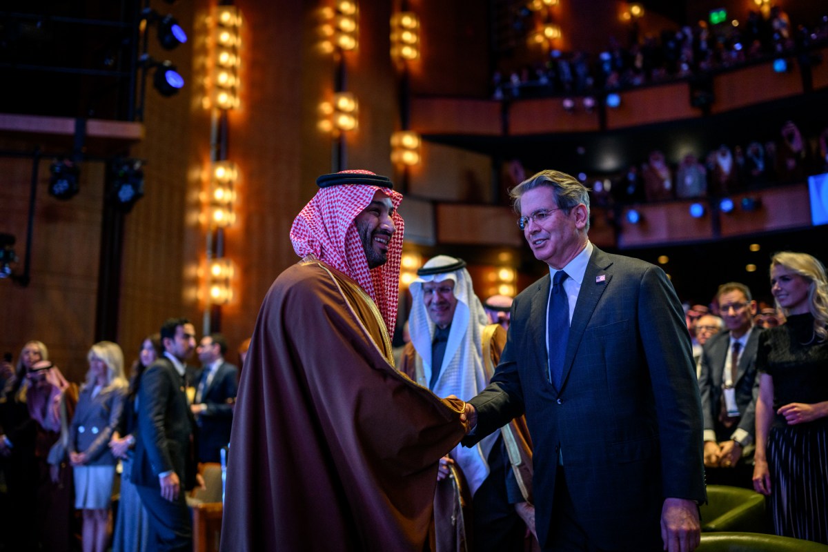 Crown Prince and Prime Minister Mohammed bin Salman Al Saud of Saudi Arabia shakes hands with Secretary of the Treasury Scott Bessent before President Donald Trump’s remarks at the U.S.-Saudi Investment Forum, Wednesday, November 19, 2025, at the John F. Kennedy Center for the Performing Arts in Washington, D.C. (Official White House Photo by Daniel Torok)