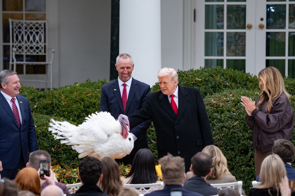 Vice President JD Vance and Usha Vance attend the annual Thanksgiving Turkey pardon in the White House Rose Garden, Tuesday, November 25, 2025. Photo by (Official White House Photo by Emily J. Higgins)