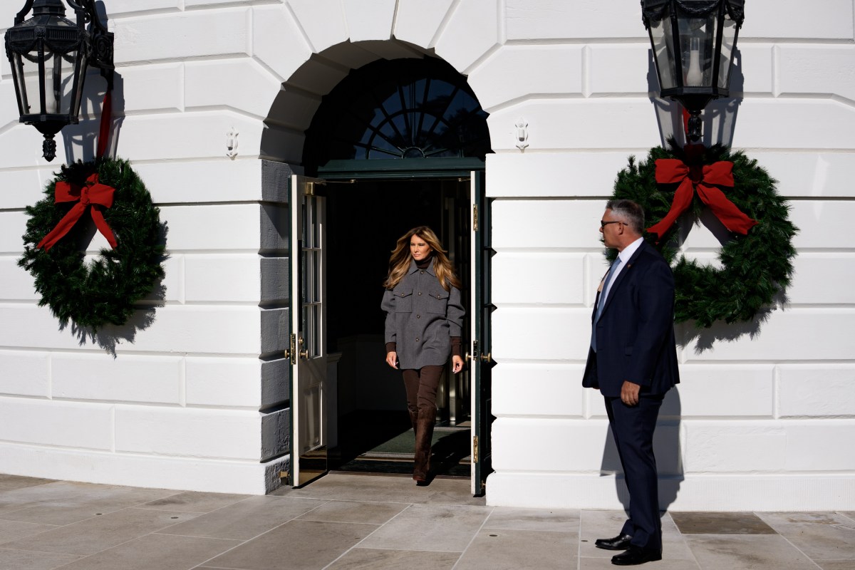 First Lady Melania Trump reviews the Christmas decorations Sunday, Nov. 30, 2025, in the Cross Hall of the White House. (Official White House Photo by Andrea Hanks)