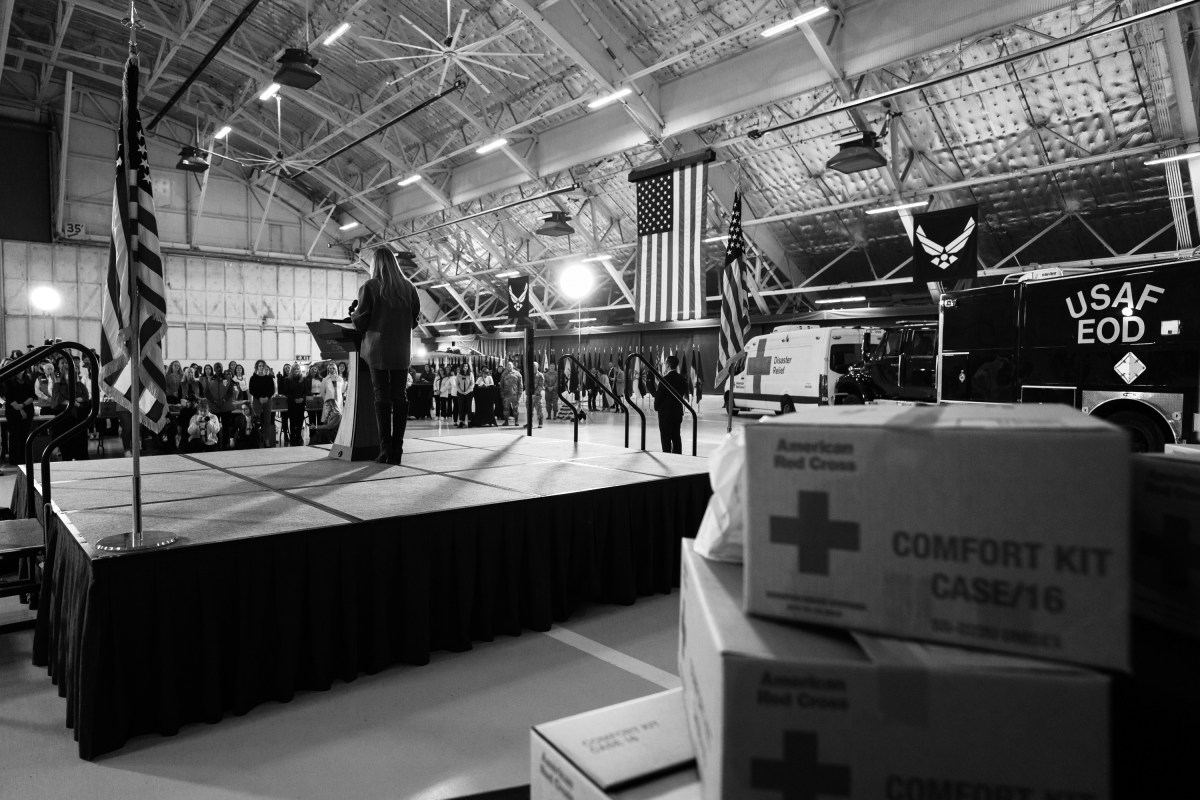 First Lady Melania Trump and Second Lady Usha Vance join the American Red Cross to deliver holiday care packages to military spouses at Joint Base Andrews, Monday, December 1, 2025. (Official White House Photo by Andrea Hanks)
