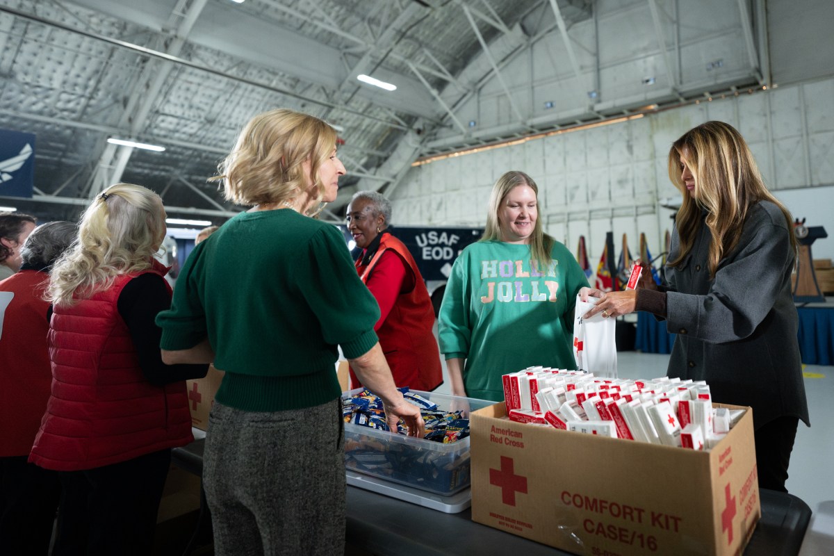 First Lady Melania Trump and Second Lady Usha Vance join the American Red Cross to deliver holiday care packages to military spouses at Joint Base Andrews, Monday, December 1, 2025. (Official White House Photo by Andrea Hanks)